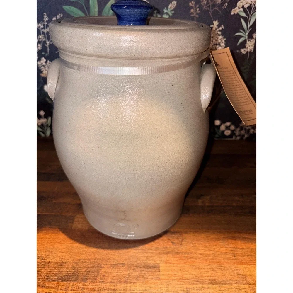 Rowe Pottery Salt Glazed Stoneware Crock Cobalt Blue Cow Lidded Canister